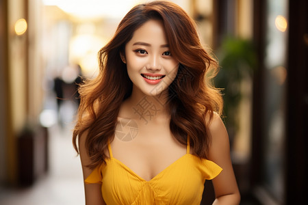 微笑表情的黄裙美女背景图片