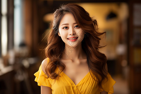 黄色裙装迷人魅力的亚洲女子背景