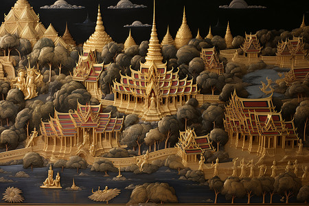 泰国壁画金色建筑绘画插画