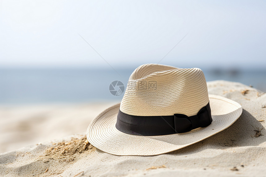 悬空海滩一顶帽子倒在沙滩上海洋和蓝天作背景图片