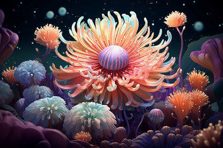 海葵站在海底海底植物插画