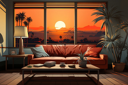 夕阳洒落的客厅背景图片