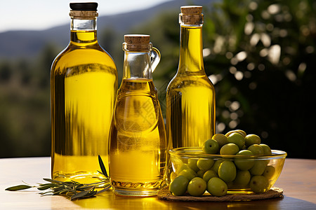 玻璃营养橄榄油与橄榄背景