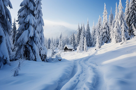 大雪覆盖的山林景观背景图片