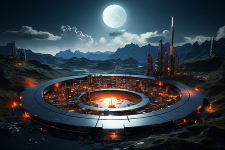 电影概念图满月下的圆形科技舞台设计图片