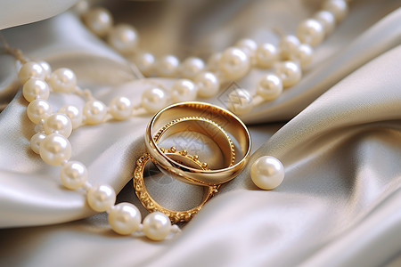 戒指项链织物上的珠宝首饰背景