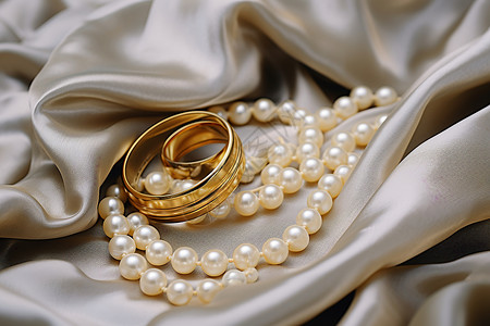 戒指项链丝绸上的珠宝首饰背景
