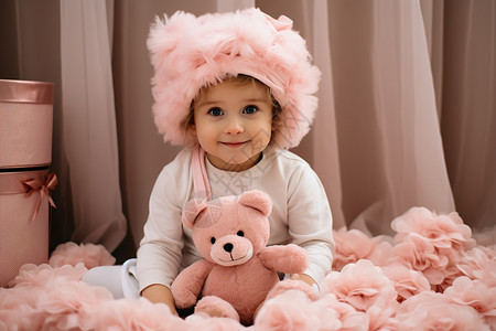 可爱玩具帽子戴着粉色帽子的小女孩背景