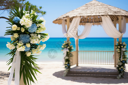 蓝白花环旁的亭子背景图片