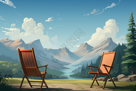木质云朵吊饰两把木质椅子插画