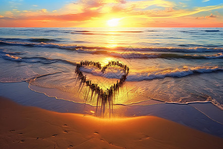 夕阳海滩上的爱心背景图片