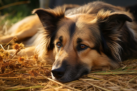 干草上休息的狗狗背景图片