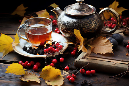 秋日茶水和枫叶背景图片