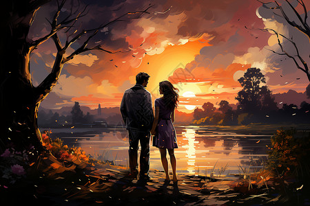 夕阳下漫步的情侣背景图片