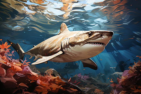 神秘海底中的锤头鲨插画