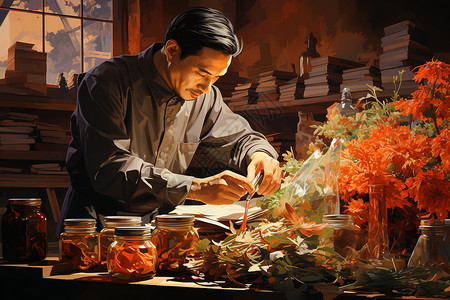 传统草本植物中草药的药剂师背景图片