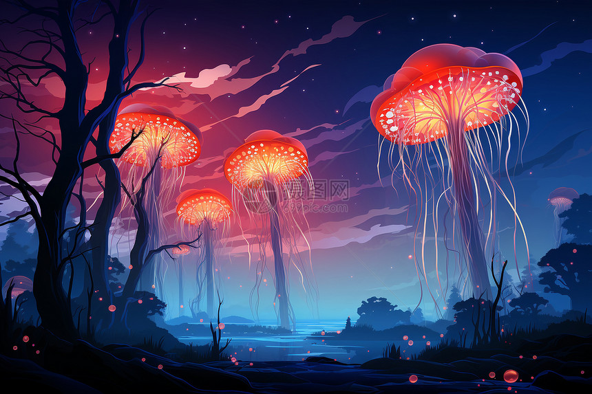 夜空中梦幻的水母群图片