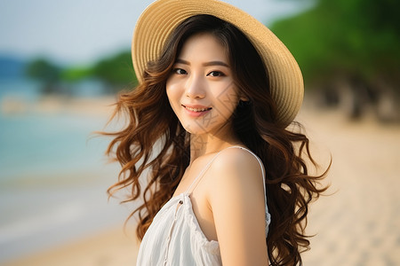 海滩上快乐微笑的女子背景图片