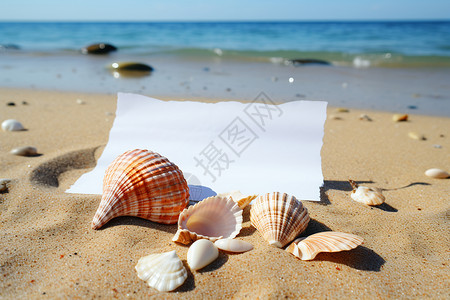 沙滩上的纸张和贝壳背景图片