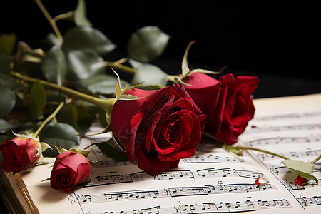 钢琴谱上的玫瑰花朵背景图片