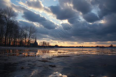 冬日湖畔的夕阳景色背景图片