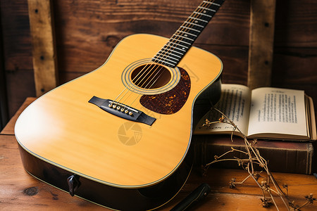 木桌上的吉他和乐谱背景图片