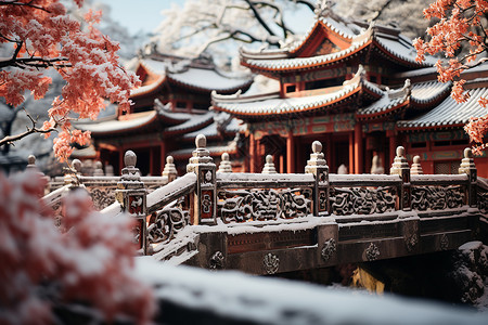 冬天屋檐冰雪中的中国建筑背景