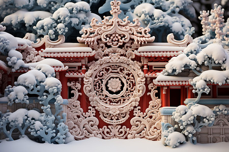 雪景中的佛教艺术建筑背景图片