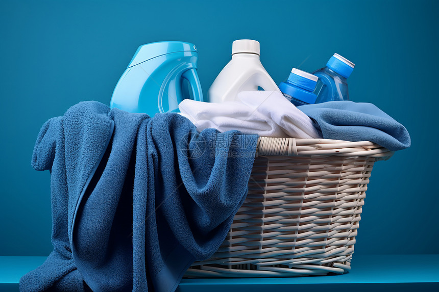 脏衣篓中的服饰和洗衣液图片