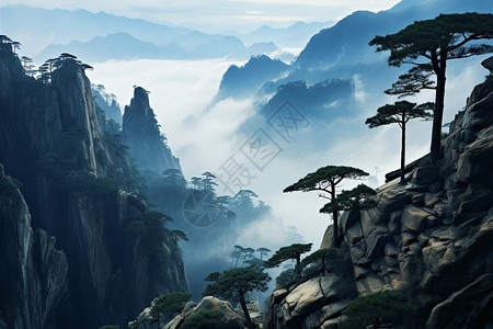 云雾缭绕的黄山山景背景图片