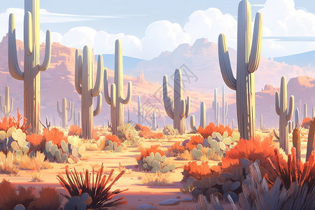 手绘艺术的沙漠仙人掌花园背景图片