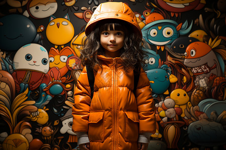彩绘墙前的小女孩背景图片