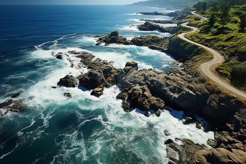 夏季蔚蓝海水的岩石海岸景观图片