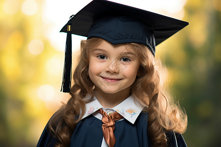 年轻女孩毕业礼袍中戴帽微笑拍照背景图片
