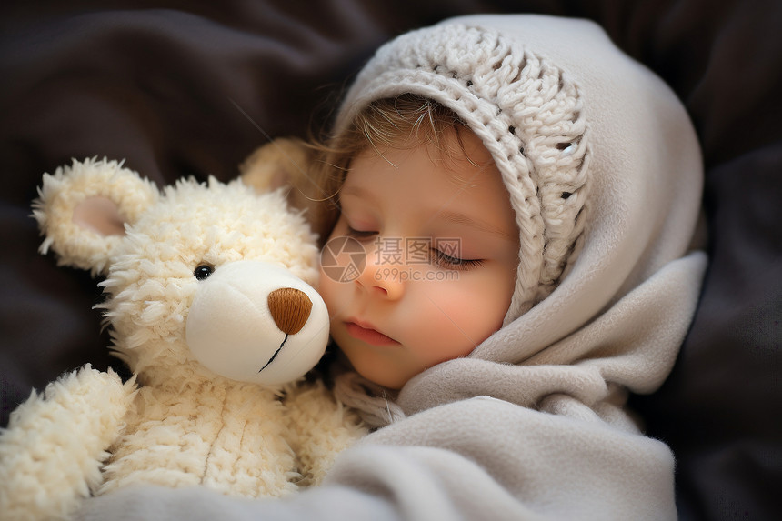 抱着玩具熊睡觉的孩子图片