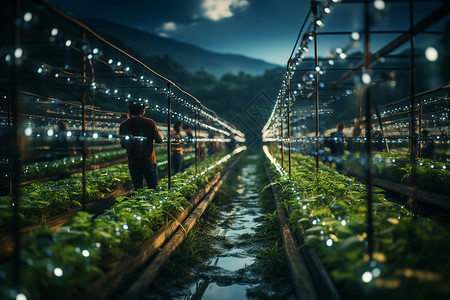 夜幕下温室里面的灯光背景图片