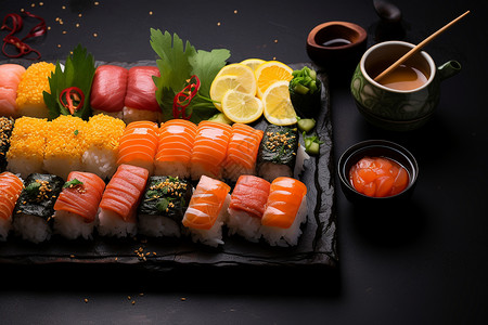 五彩斑斓的寿司拼盘背景图片