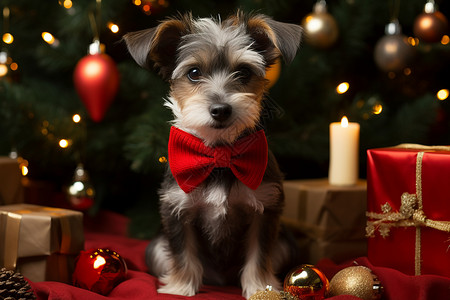 圣诞树前的小狗背景图片