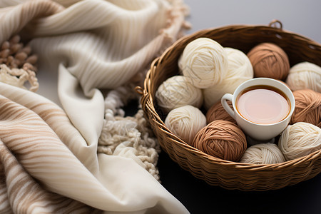 手工编织的篮子温暖的手工艺术咖啡背景