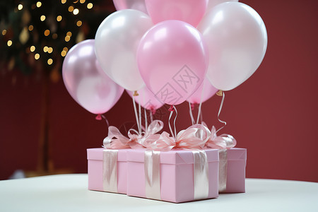 粉色礼盒与充满气球的粉白色气球束放在桌子上背景是圣诞树背景图片