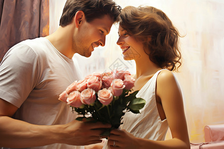 男女共握一束玫瑰背景图片