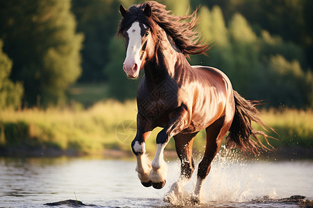 奔驰于河中的马背景图片