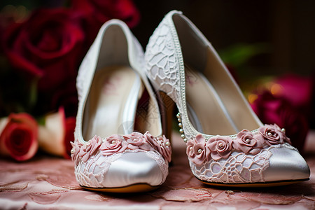 粉色花朵婚鞋背景图片