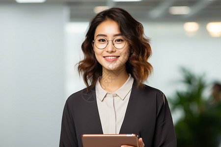 女白领微笑展示平板电脑背景图片