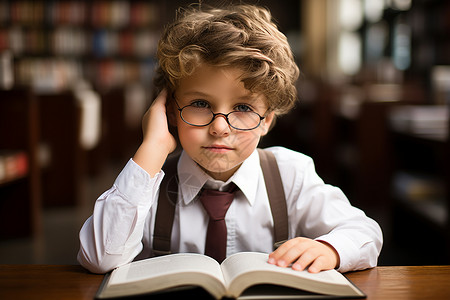 戴眼镜看书的孩子背景图片
