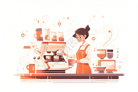 卡通咖啡机咖啡师准备的咖啡插画
