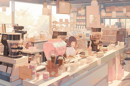 咖啡店工作咖啡店的女孩插画
