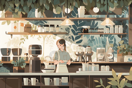 卡通咖啡机女性在咖啡店工作插画