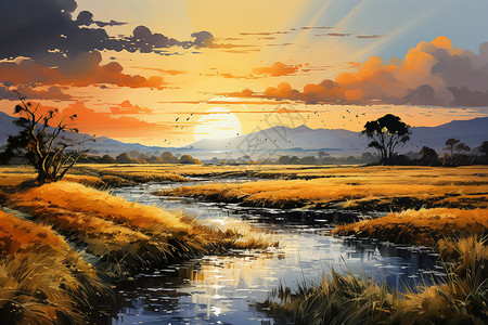 夕阳下的稻田背景图片