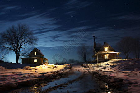 雪夜星空夜空下的雪山小屋背景